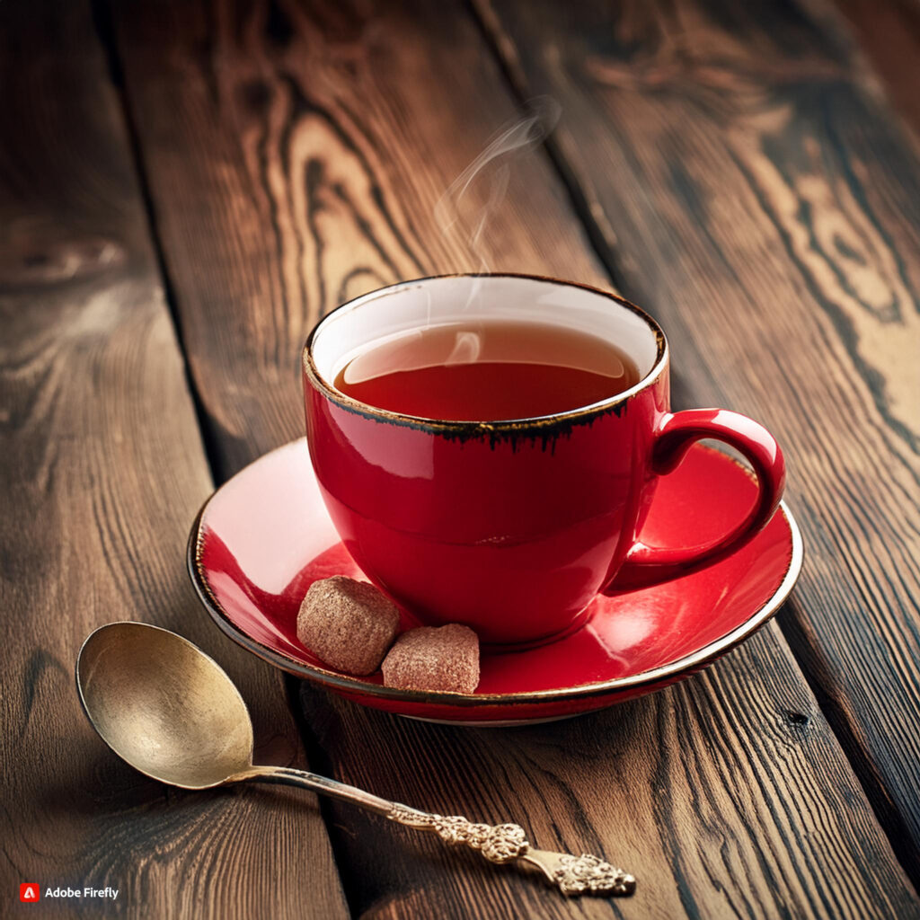 tea in red cup and old spoon on wooden background