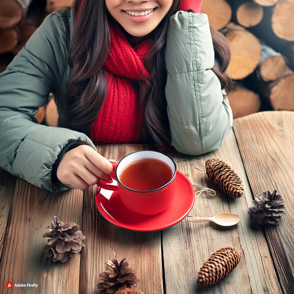 tea in red cup and old spoon on wooden background with beautiful girl